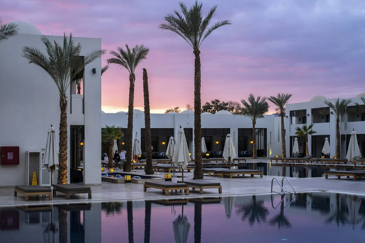 A resort pool under palms at dusk
