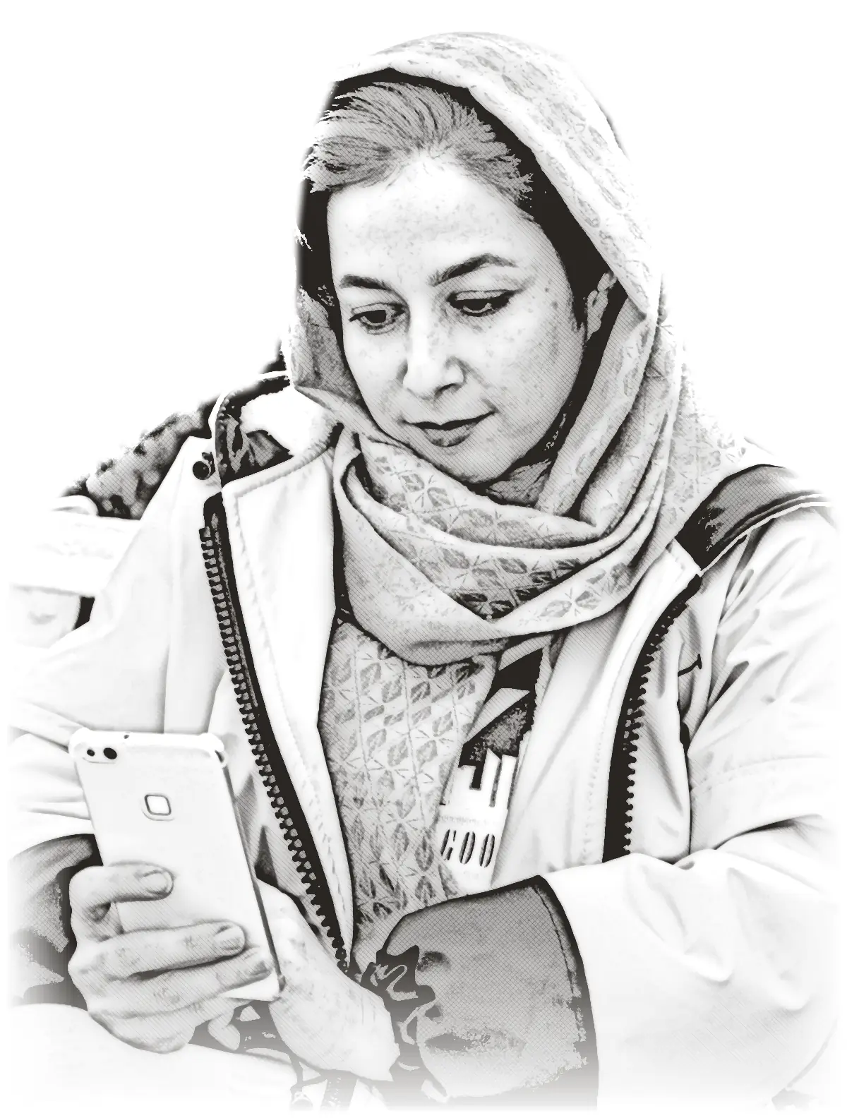 A customer reading a text message outdoors